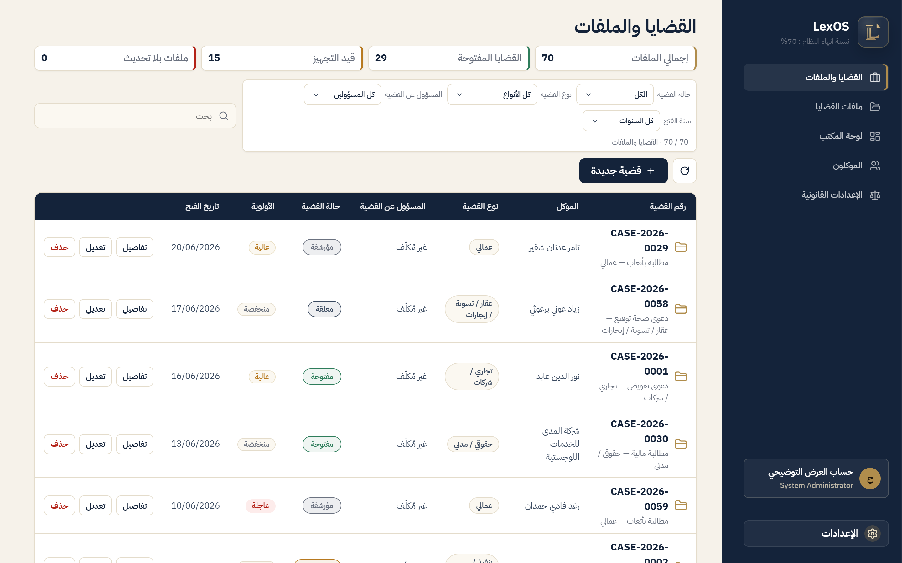 قائمة القضايا في LexOS
